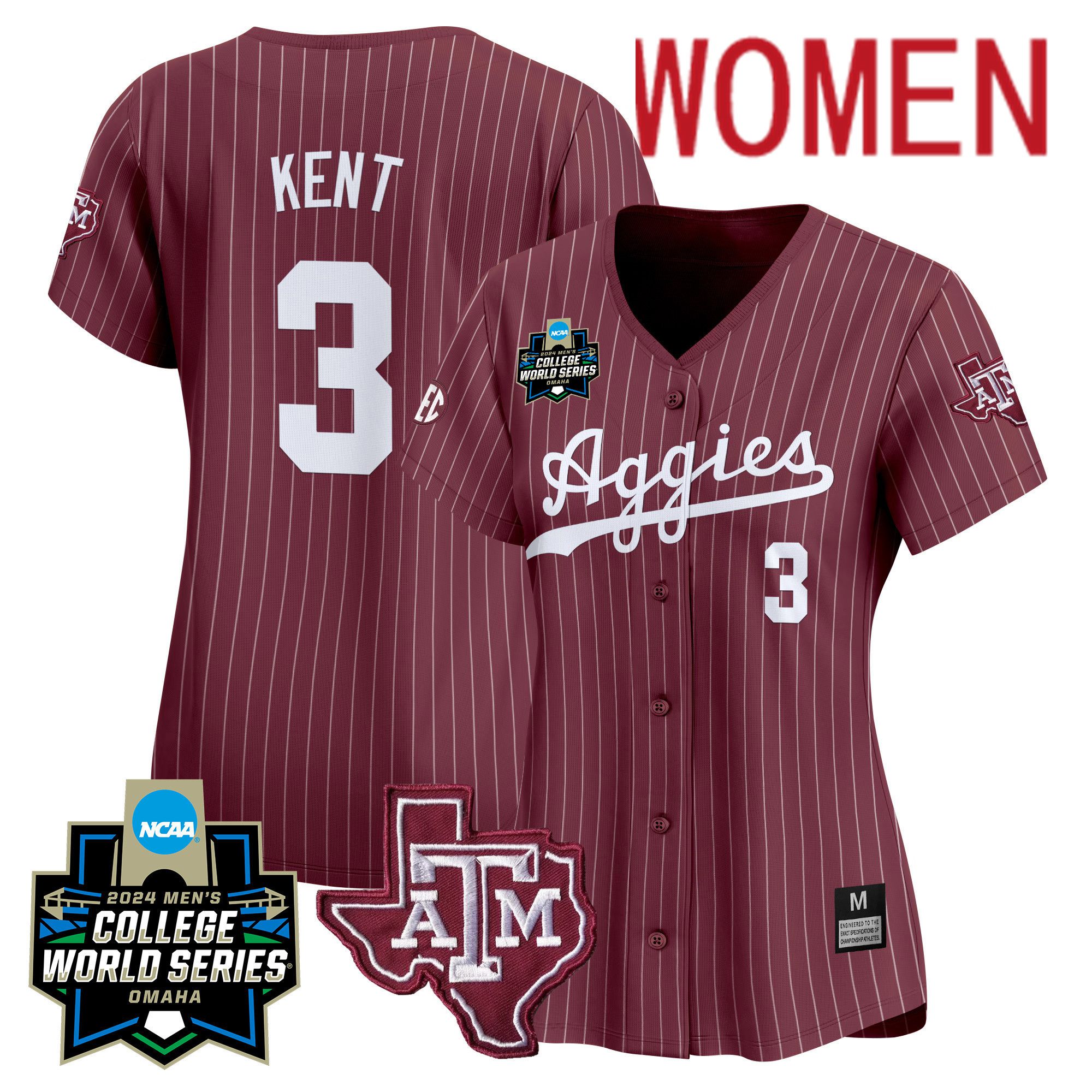 Women Texas A&M Aggies #3 Kent Red Stripe 2024 College World Series Vapor Premier Limited NCAA Jersey